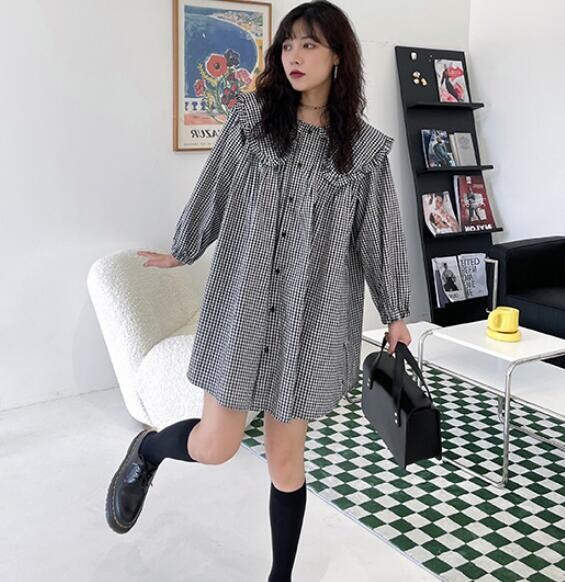 Slatka velika bluza za trudnice s velikim ovratnikom, jesenska bluza dugih rukava, široke jednoredne karirane majice za trudnice Crna odjeća