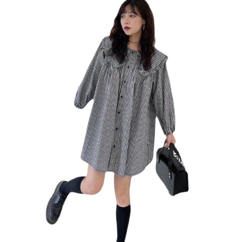 Slatka velika bluza za trudnice s velikim ovratnikom, jesenska bluza dugih rukava, široke jednoredne karirane majice za trudnice Crna odjeća