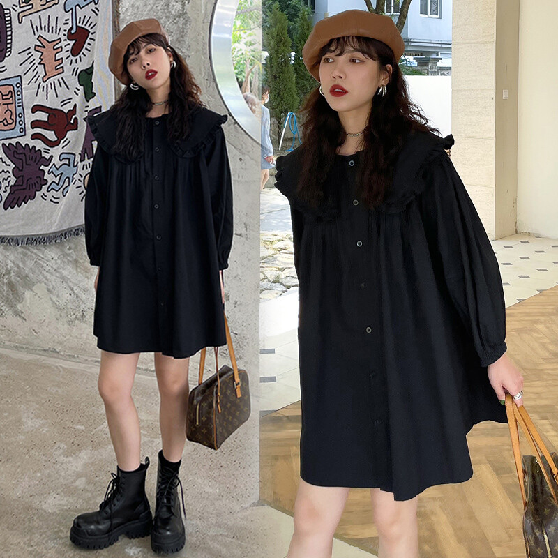 Slatka velika bluza za trudnice s velikim ovratnikom, jesenska bluza dugih rukava, široke jednoredne karirane majice za trudnice Crna odjeća