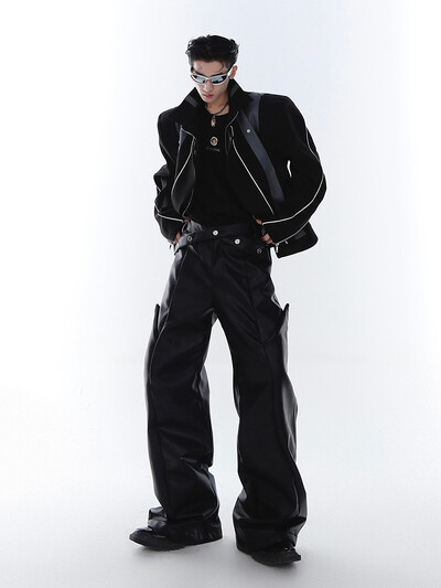 Mauroicardi primăvară toamnă lungi largi casual maro negru pu pantaloni din piele bărbați îmbrăcăminte de lux de designer pantaloni cu picioare largi 2023