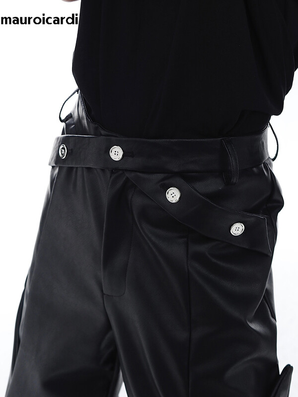 Mauroicardi primăvară toamnă lungi largi casual maro negru pu pantaloni din piele bărbați îmbrăcăminte de lux de designer pantaloni cu picioare largi 2023