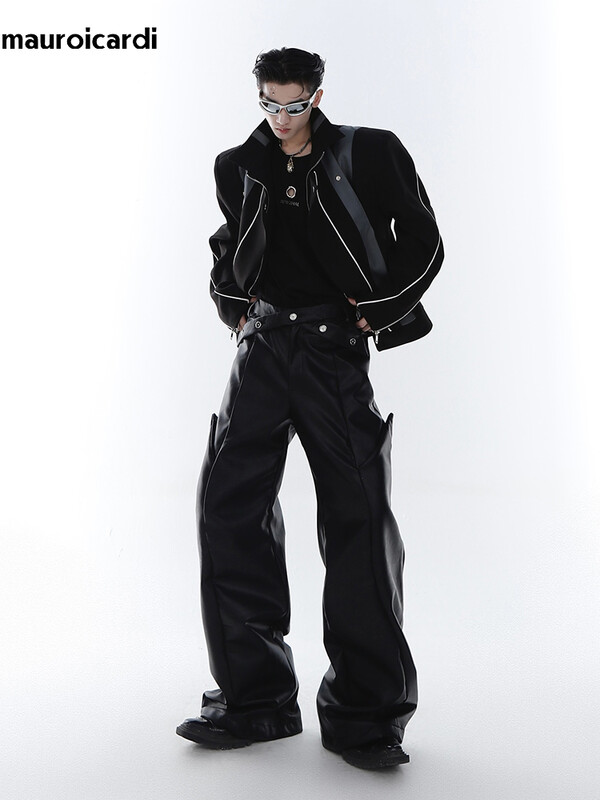 Mauroicardi primăvară toamnă lungi largi casual maro negru pu pantaloni din piele bărbați îmbrăcăminte de lux de designer pantaloni cu picioare largi 2023