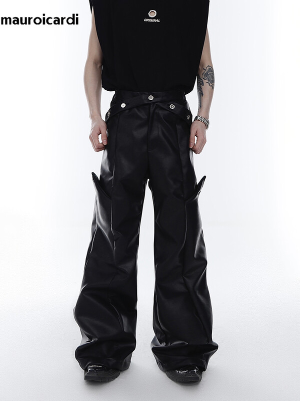Mauroicardi primăvară toamnă lungi largi casual maro negru pu pantaloni din piele bărbați îmbrăcăminte de lux de designer pantaloni cu picioare largi 2023