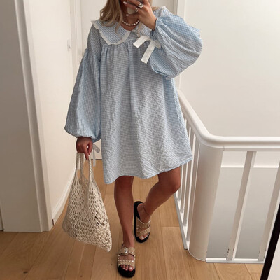 Gaono Femei Rochie Babydoll Y2K Gingham Mini rochie cu mânecă lungă în carouri rochie scurtă cu volane, guler Peter Pan, îmbrăcăminte de stradă