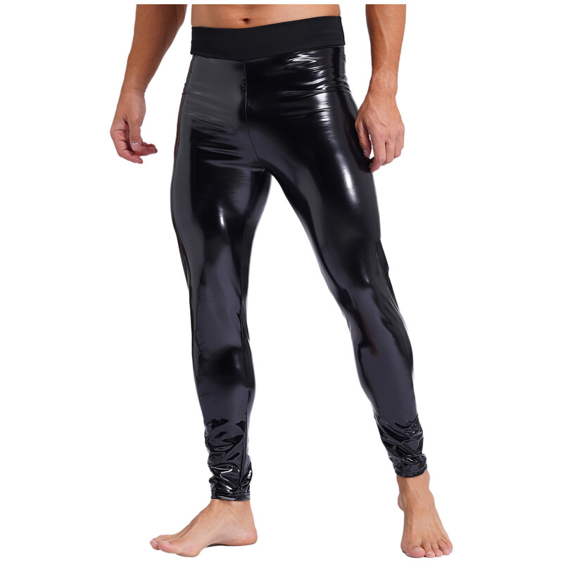 Pantaloni pentru bărbați din piele lacuită, la modă, cu aspect umed, cu talie înaltă, jambiere lungi, elastice, pantaloni slăbiti, îmbrăcăminte de petrecere