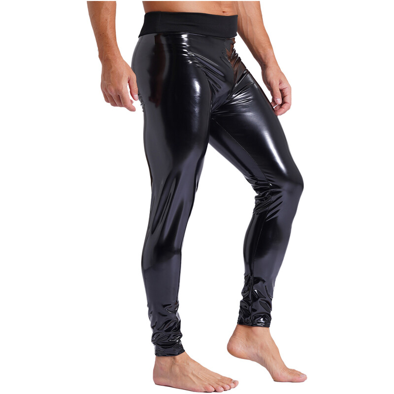 Pantaloni pentru bărbați din piele lacuită, la modă, cu aspect umed, cu talie înaltă, jambiere lungi, elastice, pantaloni slăbiti, îmbrăcăminte de petrecere