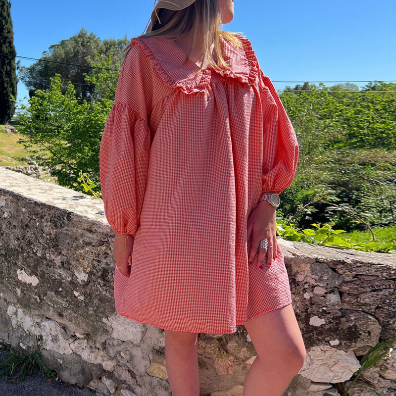 Femei de primăvară Y2K estetică rochie cu imprimeu în carouri cu mâneci lungi, cochetă, rochie largi, vintage, mini rochie în linie A, îmbrăcăminte de stradă