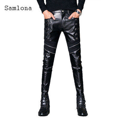 Samlona 2021 tavaszi őszi férfi műbőr nadrág nagy méretű férfi vékony nadrág punk stílusú több cipzáras Pantalon táncnadrág