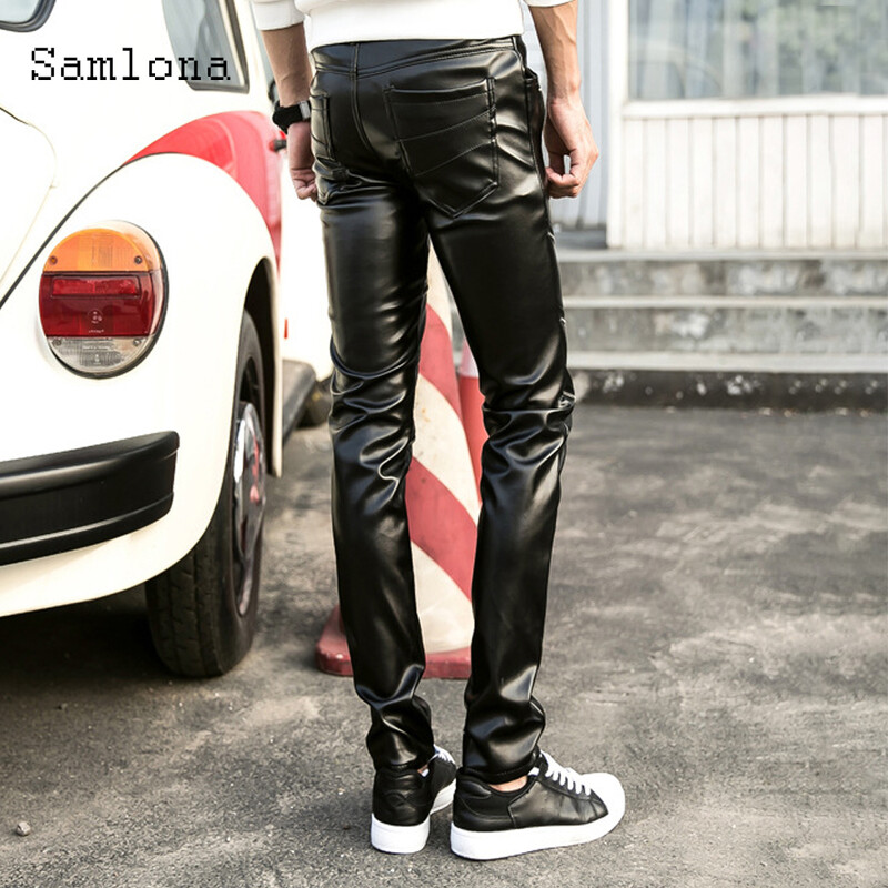 Samlona 2021 tavaszi őszi férfi műbőr nadrág nagy méretű férfi vékony nadrág punk stílusú több cipzáras Pantalon táncnadrág