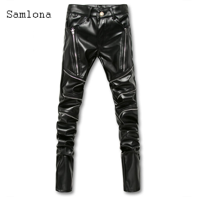 Samlona 2021 tavaszi őszi férfi műbőr nadrág nagy méretű férfi vékony nadrág punk stílusú több cipzáras Pantalon táncnadrág