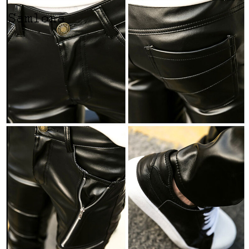 Samlona 2021 tavaszi őszi férfi műbőr nadrág nagy méretű férfi vékony nadrág punk stílusú több cipzáras Pantalon táncnadrág