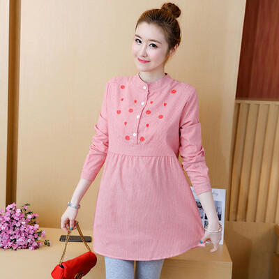 Duge Seevle bluze Košulje Odjeća za trudnice Majice za trudnice Žene za trudnice Proljeće Novi vez Prugaste kravate Struk