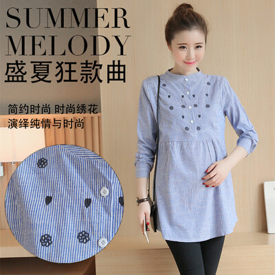 Duge Seevle bluze Košulje Odjeća za trudnice Majice za trudnice Žene za trudnice Proljeće Novi vez Prugaste kravate Struk