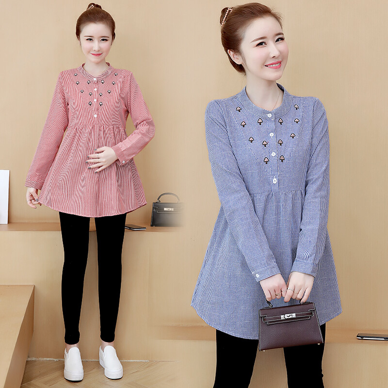 Duge Seevle bluze Košulje Odjeća za trudnice Majice za trudnice Žene za trudnice Proljeće Novi vez Prugaste kravate Struk