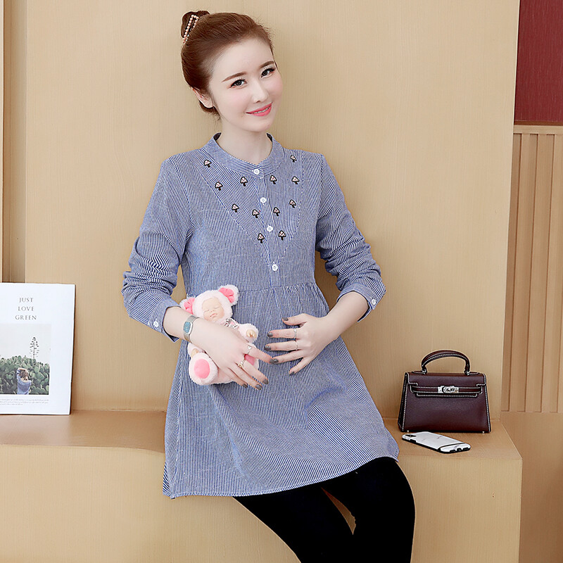 Duge Seevle bluze Košulje Odjeća za trudnice Majice za trudnice Žene za trudnice Proljeće Novi vez Prugaste kravate Struk