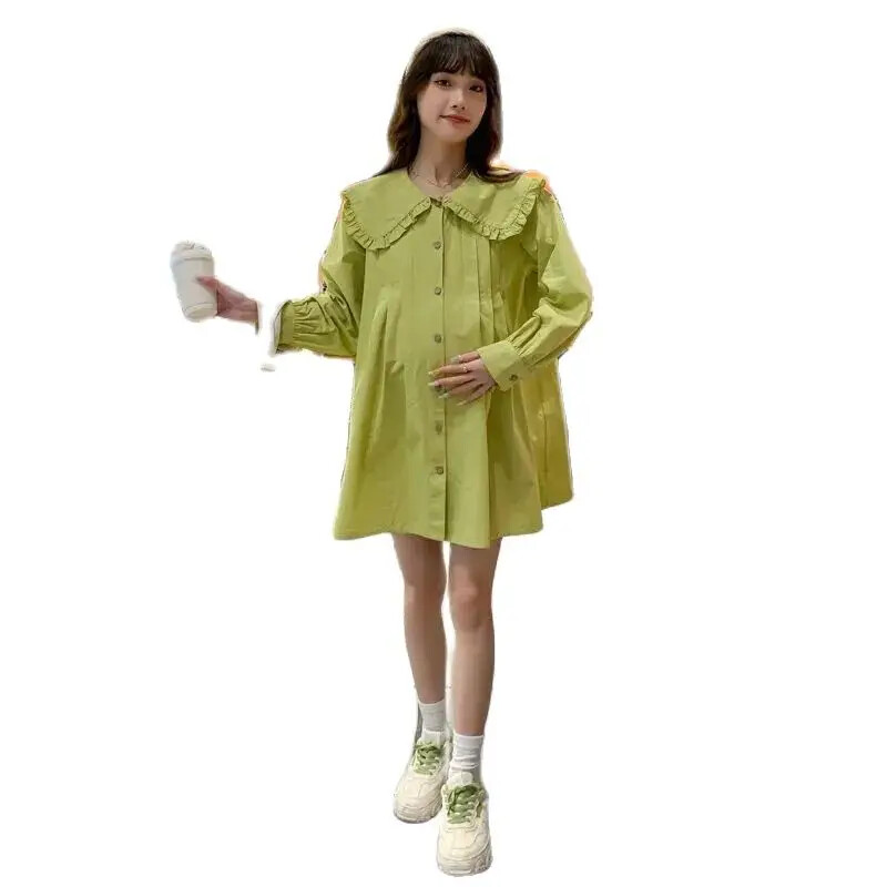 Tavaszi terhes női bő ing, hosszú ujjú Peter Pan gallér Kismama pamut blúzok Divat terhes blúzok koreai stílusú