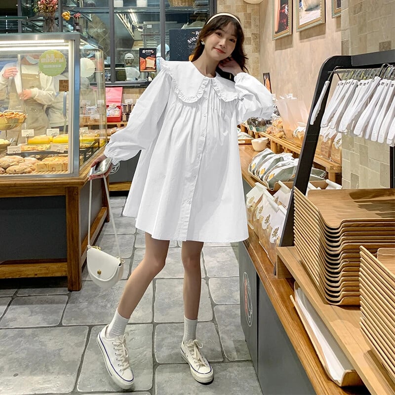 Tavaszi terhes női bő ing, hosszú ujjú Peter Pan gallér Kismama pamut blúzok Divat terhes blúzok koreai stílusú