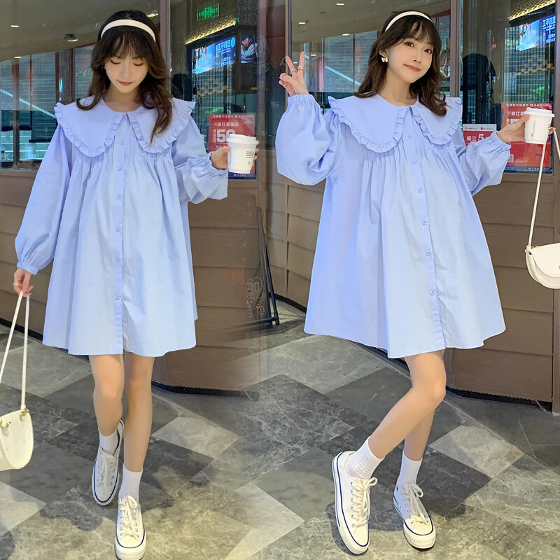 Tavaszi terhes női bő ing, hosszú ujjú Peter Pan gallér Kismama pamut blúzok Divat terhes blúzok koreai stílusú