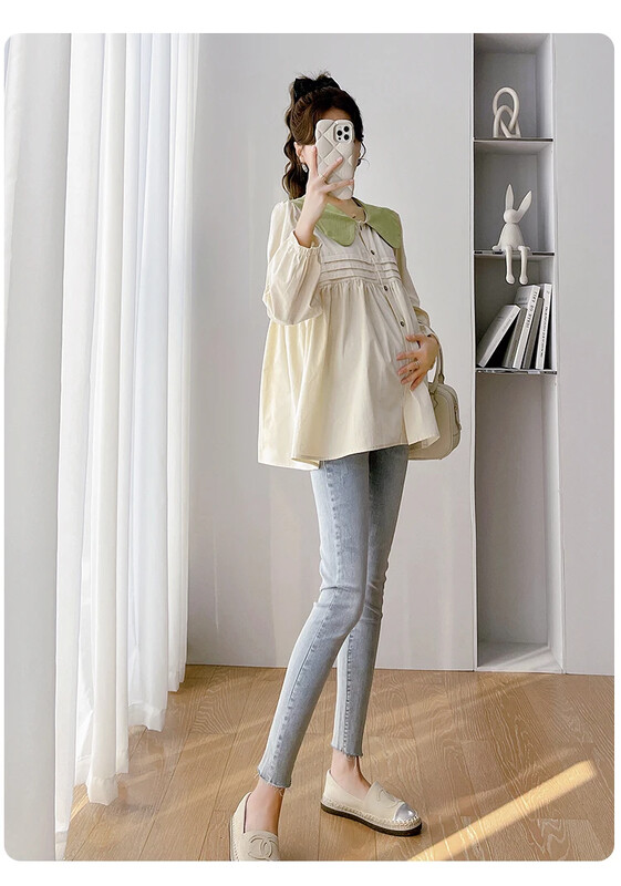 Jesen 2024. Košulje za trudnice dugih rukava Peter Pan ovratnik blok boja Modne bluze za trudnice Nabrane majice za trudnice