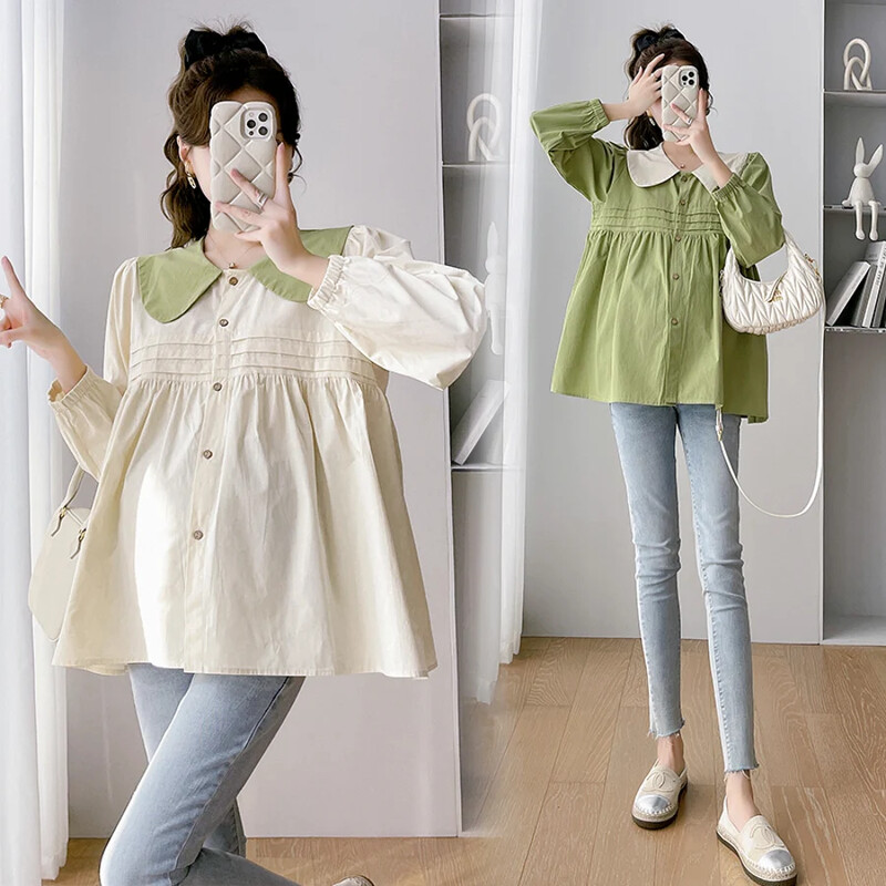 Jesen 2024. Košulje za trudnice dugih rukava Peter Pan ovratnik blok boja Modne bluze za trudnice Nabrane majice za trudnice