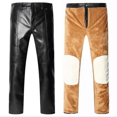 Nove zimske muške kožne hlače od flisa, tople hlače od PU kože dobre kvalitete, velike veličine, vunena podstava, deblje tople zimske hlače, veličina 5
