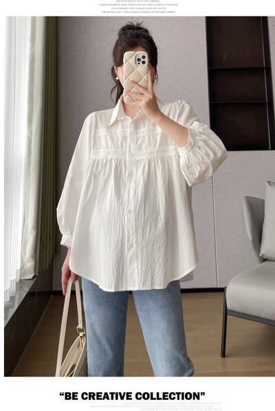 Bijele košulje za trudnice, duge lampion rukave, ovratnik na okret, veće veličine, svečana majica za trudnice, neuobičajene bluze za trudnice