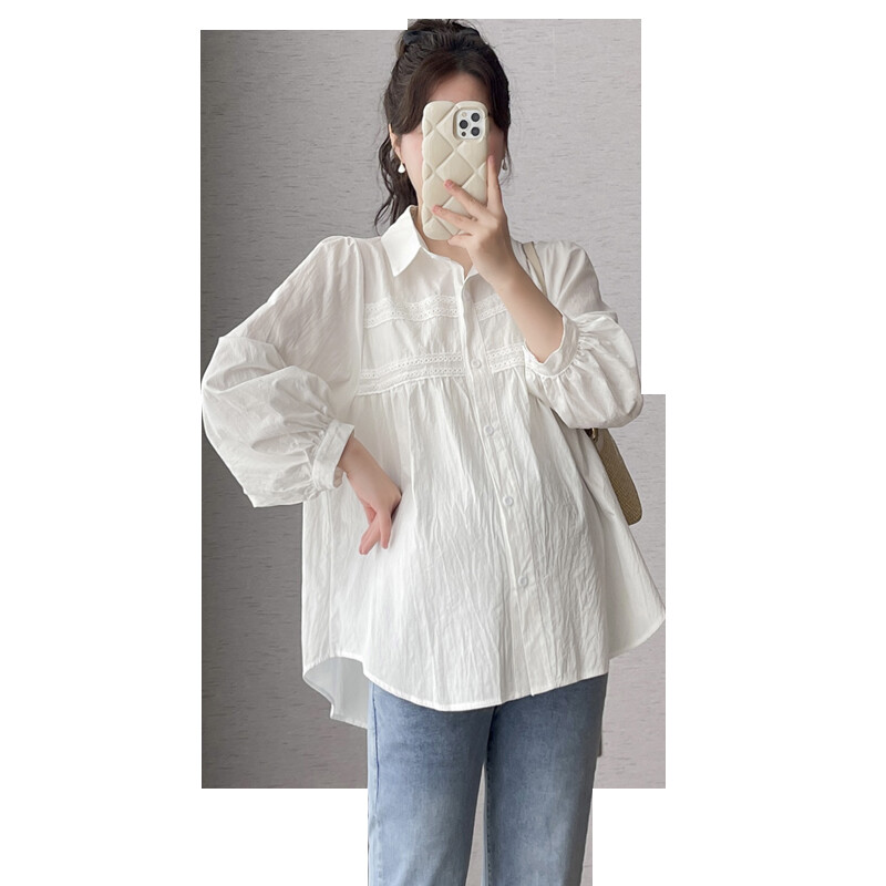 Bijele košulje za trudnice, duge lampion rukave, ovratnik na okret, veće veličine, svečana majica za trudnice, neuobičajene bluze za trudnice