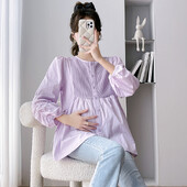 2024 m. rudens motinystės mada Laisvi marškiniai su raišteliu ilgomis rankovėmis O formos iškirpte, mygtukai Nėščios moters klostuotos palaidinės Purpurinė balta