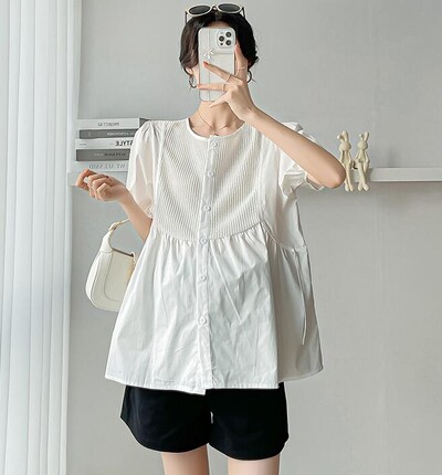 2024 m. rudens motinystės mada Laisvi marškiniai su raišteliu ilgomis rankovėmis O formos iškirpte, mygtukai Nėščios moters klostuotos palaidinės Purpurinė balta