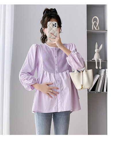 2024 m. rudens motinystės mada Laisvi marškiniai su raišteliu ilgomis rankovėmis O formos iškirpte, mygtukai Nėščios moters klostuotos palaidinės Purpurinė balta