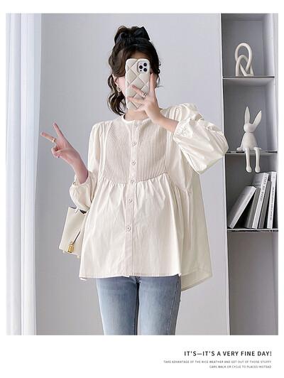 2024 m. rudens motinystės mada Laisvi marškiniai su raišteliu ilgomis rankovėmis O formos iškirpte, mygtukai Nėščios moters klostuotos palaidinės Purpurinė balta