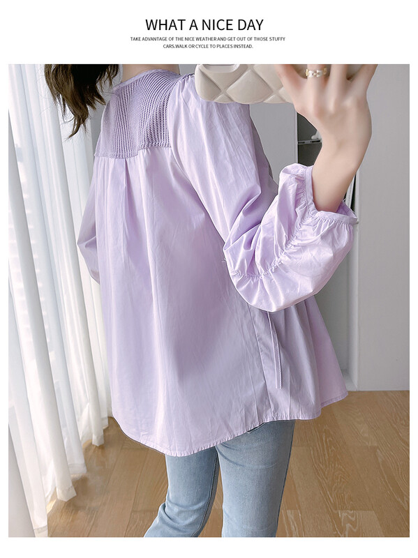 2024 m. rudens motinystės mada Laisvi marškiniai su raišteliu ilgomis rankovėmis O formos iškirpte, mygtukai Nėščios moters klostuotos palaidinės Purpurinė balta