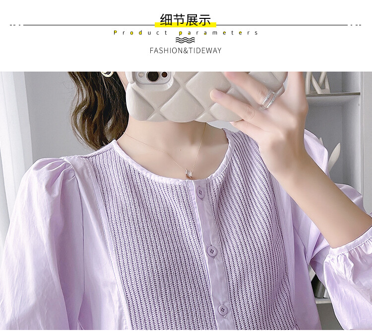 2024 m. rudens motinystės mada Laisvi marškiniai su raišteliu ilgomis rankovėmis O formos iškirpte, mygtukai Nėščios moters klostuotos palaidinės Purpurinė balta