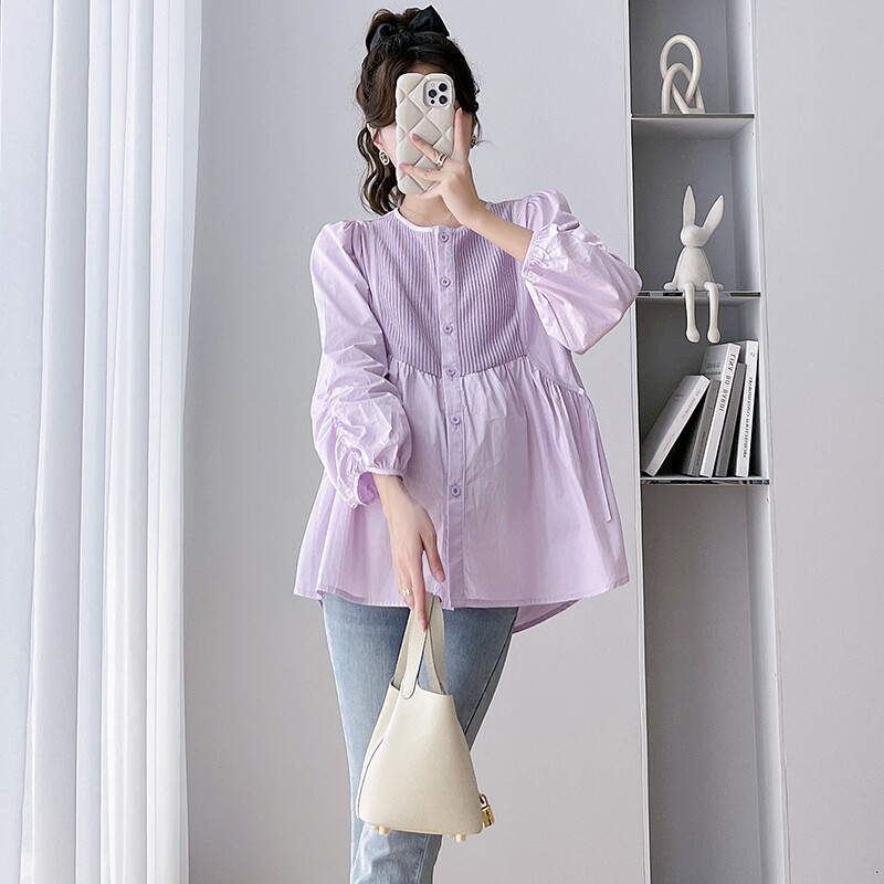 2024 m. rudens motinystės mada Laisvi marškiniai su raišteliu ilgomis rankovėmis O formos iškirpte, mygtukai Nėščios moters klostuotos palaidinės Purpurinė balta