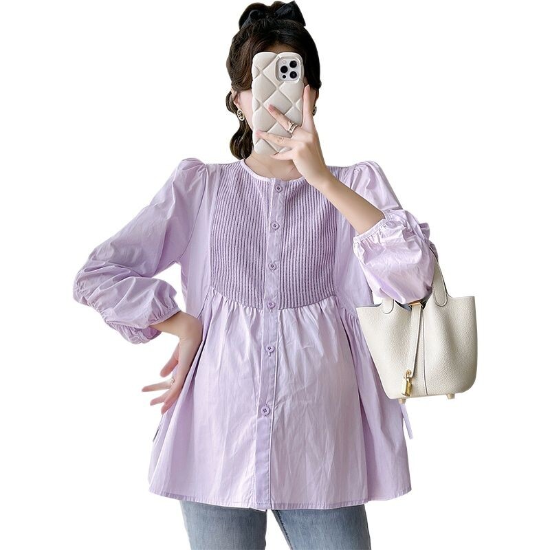 2024 m. rudens motinystės mada Laisvi marškiniai su raišteliu ilgomis rankovėmis O formos iškirpte, mygtukai Nėščios moters klostuotos palaidinės Purpurinė balta