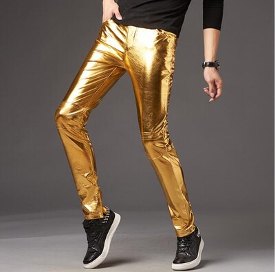 Ezüst fényes motoros PU bőr nadrág Férfi márka Skinny Disco Party Halloween Nadrág Férfi Színpad bál énekes jelmez nadrág 3XL