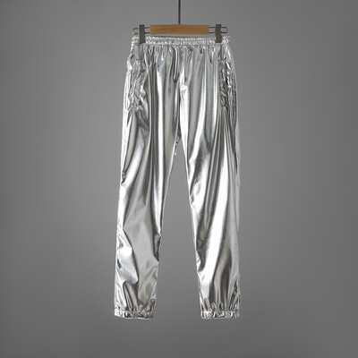 Ezüst fényes motoros PU bőr nadrág Férfi márka Skinny Disco Party Halloween Nadrág Férfi Színpad bál énekes jelmez nadrág 3XL