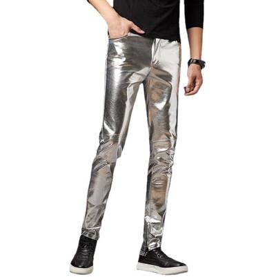 Ezüst fényes motoros PU bőr nadrág Férfi márka Skinny Disco Party Halloween Nadrág Férfi Színpad bál énekes jelmez nadrág 3XL