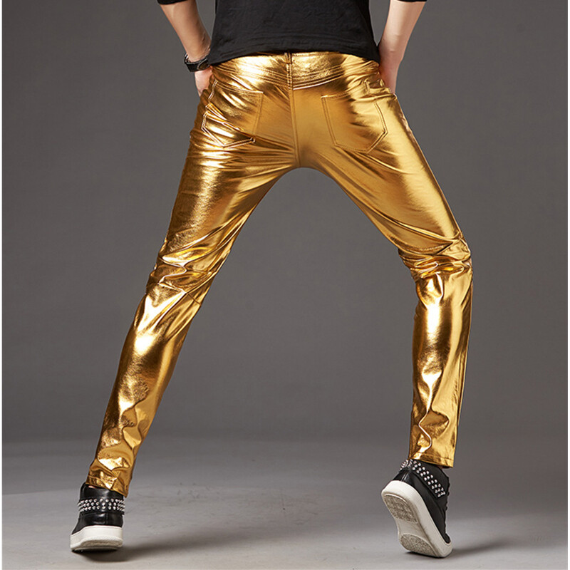 Ezüst fényes motoros PU bőr nadrág Férfi márka Skinny Disco Party Halloween Nadrág Férfi Színpad bál énekes jelmez nadrág 3XL