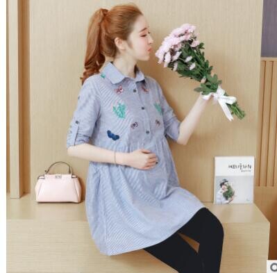 Ziemas pavasaris Jauna Grūtnieču blūze ar garām piedurknēm Sieviešu Topi Izšūti Svītrains Krekls Grūtnieču Apģērbs Grūtnieču kleitas