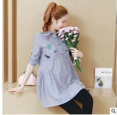 Ziemas pavasaris Jauna Grūtnieču blūze ar garām piedurknēm Sieviešu Topi Izšūti Svītrains Krekls Grūtnieču Apģērbs Grūtnieču kleitas