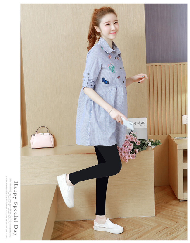 Ziemas pavasaris Jauna Grūtnieču blūze ar garām piedurknēm Sieviešu Topi Izšūti Svītrains Krekls Grūtnieču Apģērbs Grūtnieču kleitas