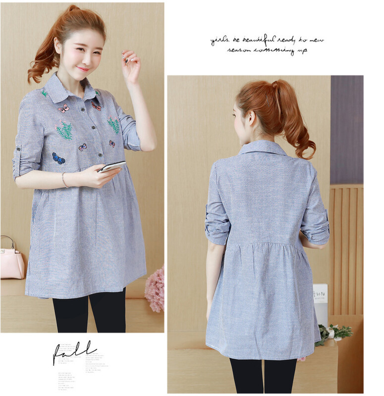 Ziemas pavasaris Jauna Grūtnieču blūze ar garām piedurknēm Sieviešu Topi Izšūti Svītrains Krekls Grūtnieču Apģērbs Grūtnieču kleitas