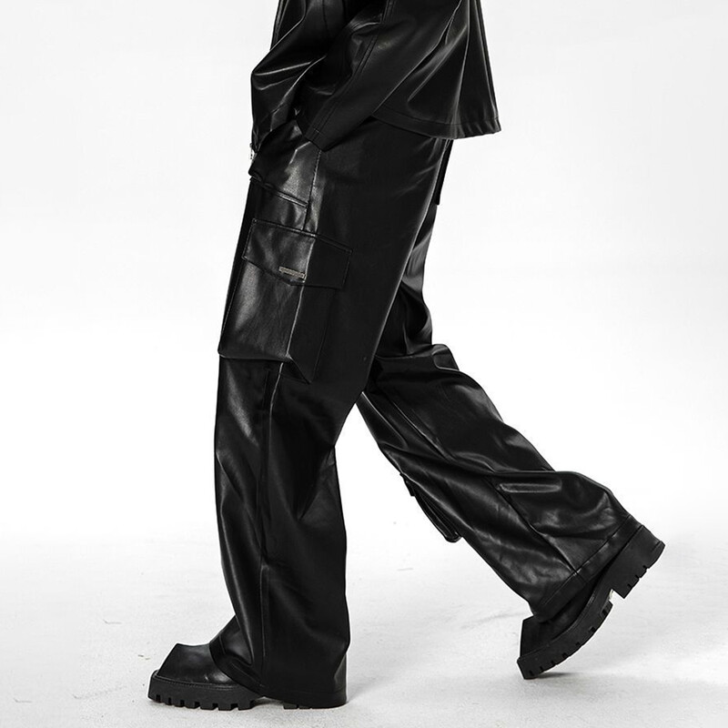 Salopete din piele americane Y2k cu mai multe buzunare pentru bărbați, pantaloni de piele punk de culoare solidă pentru bărbați, esențiali pentru tineret.
