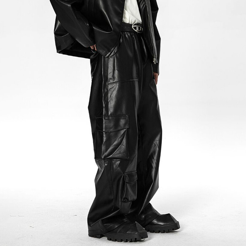 Salopete din piele americane Y2k cu mai multe buzunare pentru bărbați, pantaloni de piele punk de culoare solidă pentru bărbați, esențiali pentru tineret.