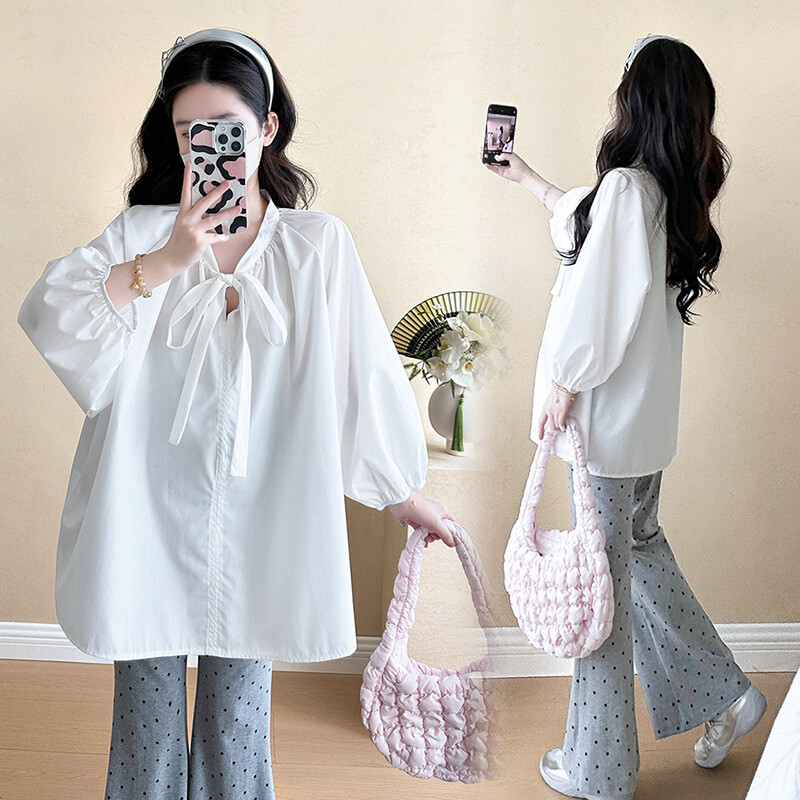 Ženska majica za proljeće i jesen dugih rukava, udobna majica za trudnice, ležerna modna majica za trudnice, bijela bluza, mašna, široka odjeća