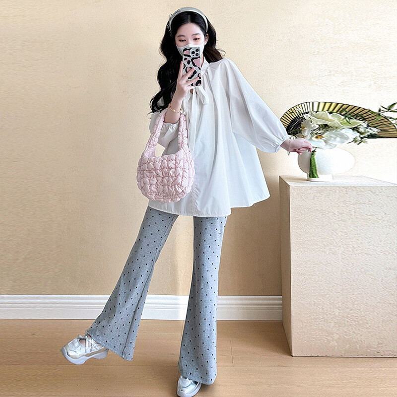 Ženska majica za proljeće i jesen dugih rukava, udobna majica za trudnice, ležerna modna majica za trudnice, bijela bluza, mašna, široka odjeća