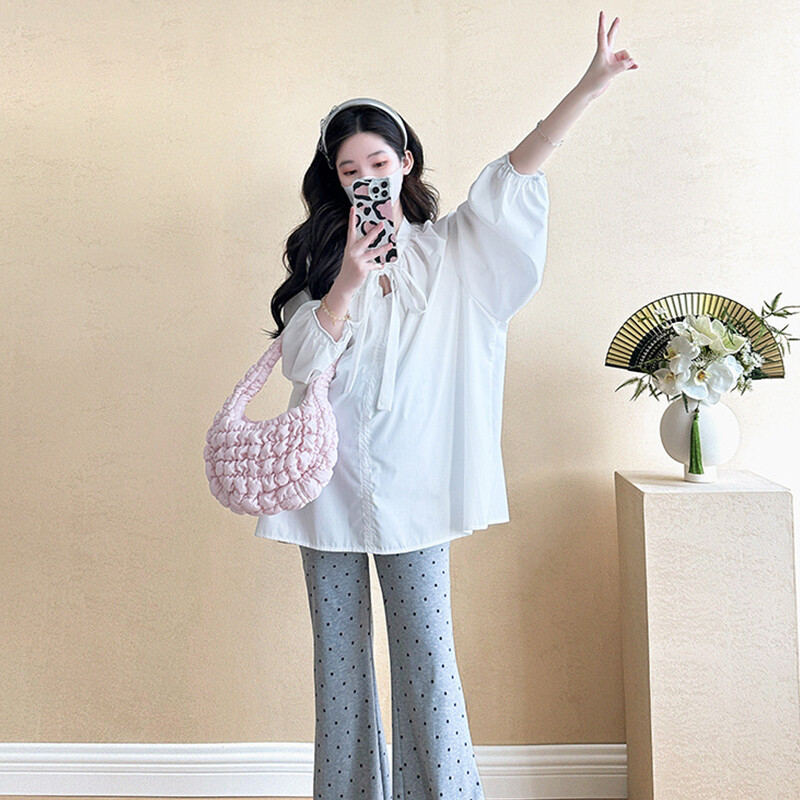 Ženska majica za proljeće i jesen dugih rukava, udobna majica za trudnice, ležerna modna majica za trudnice, bijela bluza, mašna, široka odjeća
