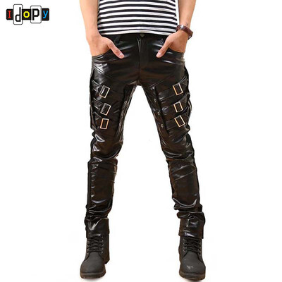 Pantaloni din piele sintetică pentru bărbați, gotici coreeani, modă punk, cu catarame din PU, cu aplicații hip hop, pantaloni din piele neagră pentru bărbați