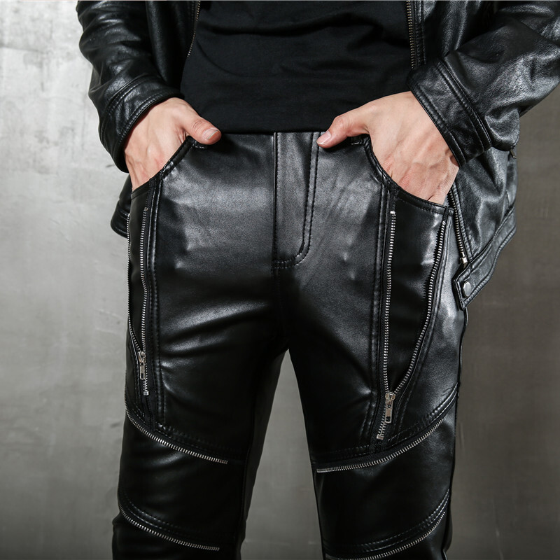 Idopy Vīriešu rāvējslēdzējs Halovīni Steampunk rāvējslēdzēji Pu Motociklu ballīte Svētku Stage Performance Punk Mākslīgās ādas bikses Džinsi